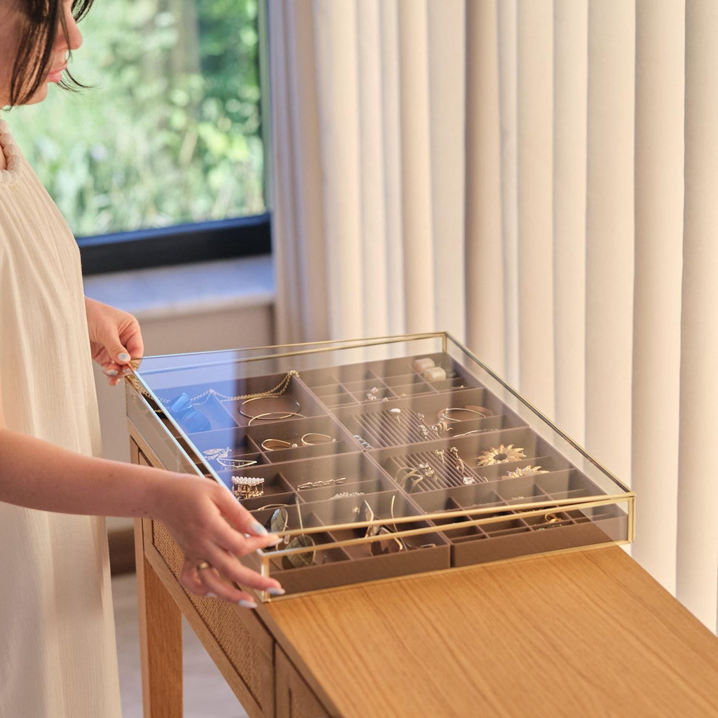 Large Glass Jewelry Box with Removable Organizer Trays, Luxury Brass Jewelry Display Case, Handmade Jewelry Storage Showcase