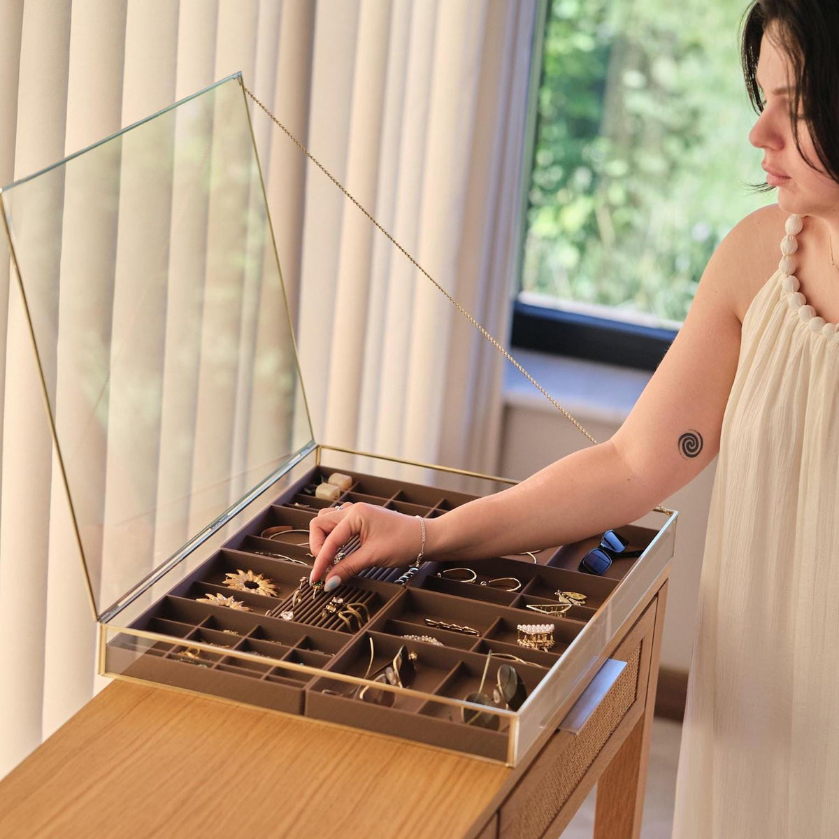 Large Glass Jewelry Box with Removable Organizer Trays, Luxury Brass Jewelry Display Case, Handmade Jewelry Storage Showcase