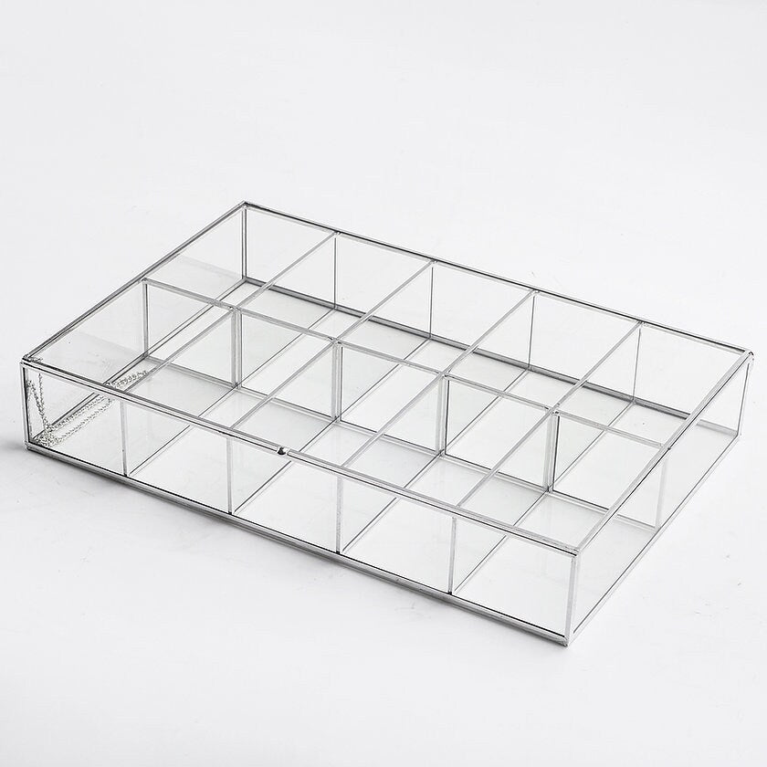 Jewelry Watch Organizer Box Accessories Makeup Silver Glass Wedding Keepsake Geometric Card Reception 12x8x2.5"
