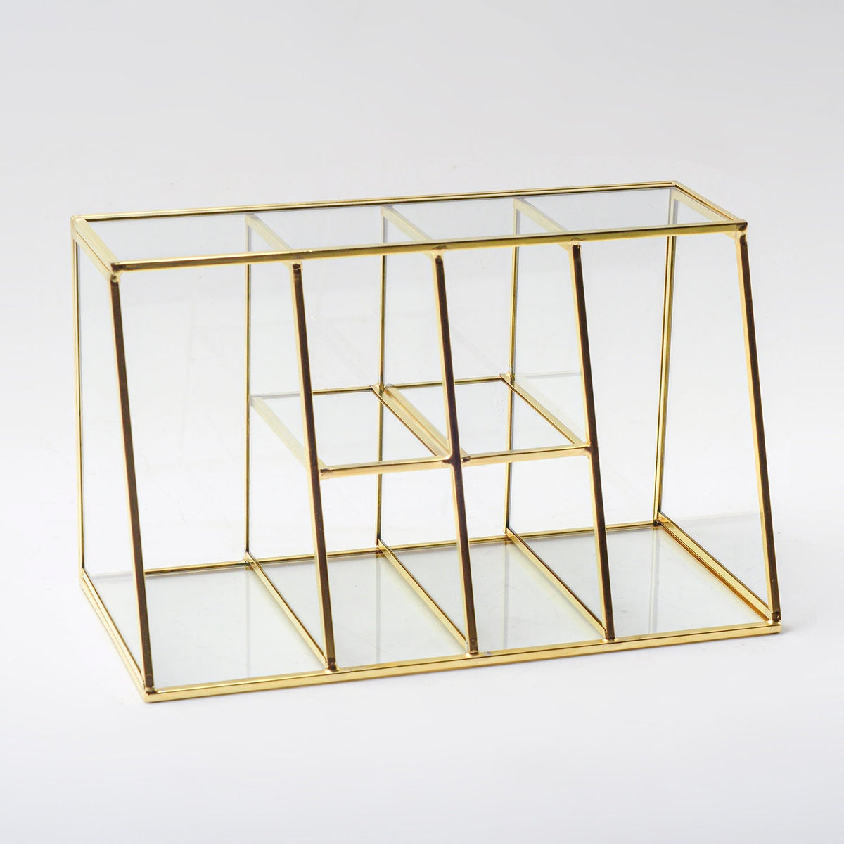 Pen Holder Makeup Jewelry Organizer Box Accessories Gold Brass Glass Wedding Keepsake Geometric Reception 10x6x5" Christmas Gift