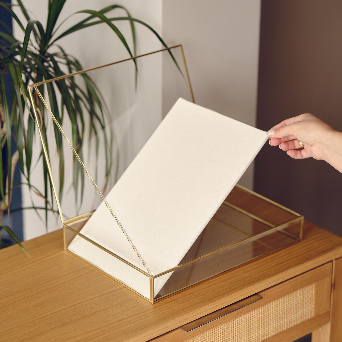 Elegant JEWELRY DISPLAY SHOWCASE Box – Unique Handmade Gold Brass Display Case - Minimalist Linen Based Jewelry Organizer Or Box For Gift