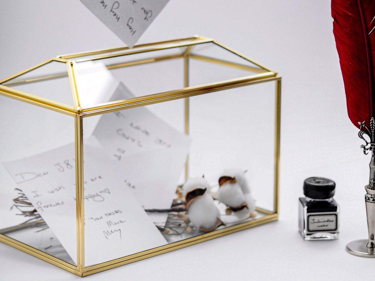 10x8x6 inch | Card Box Wedding Geometric Brass Gold Glass Terrarium Reception Wish Well Keepsake Envelope Holder Display Gift