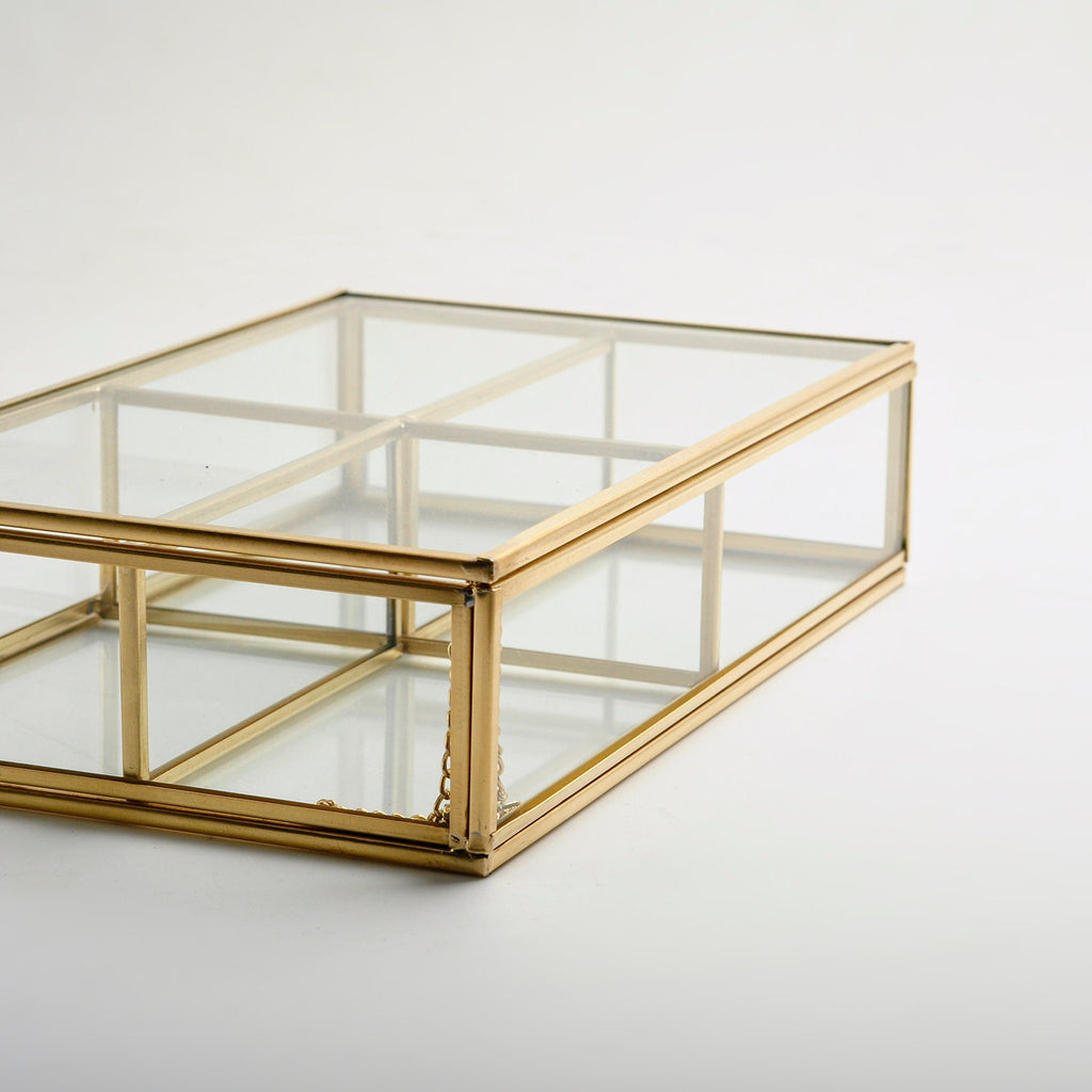 Jewelry Watch Organizer Box Accessories Makeup Gold Brass Glass Wedding Keepsake Geometric Card Reception 10x6x2"