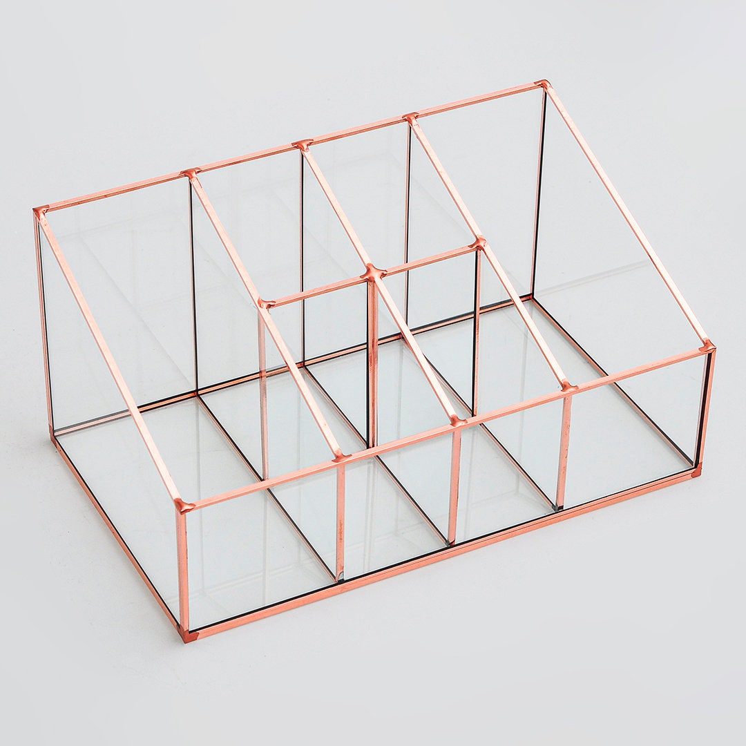 Pen Holder Makeup Jewelry Organizer Box Accessories Copper Rose Glass Wedding Keepsake Geometric Reception 10x6x5" Christmas Gift