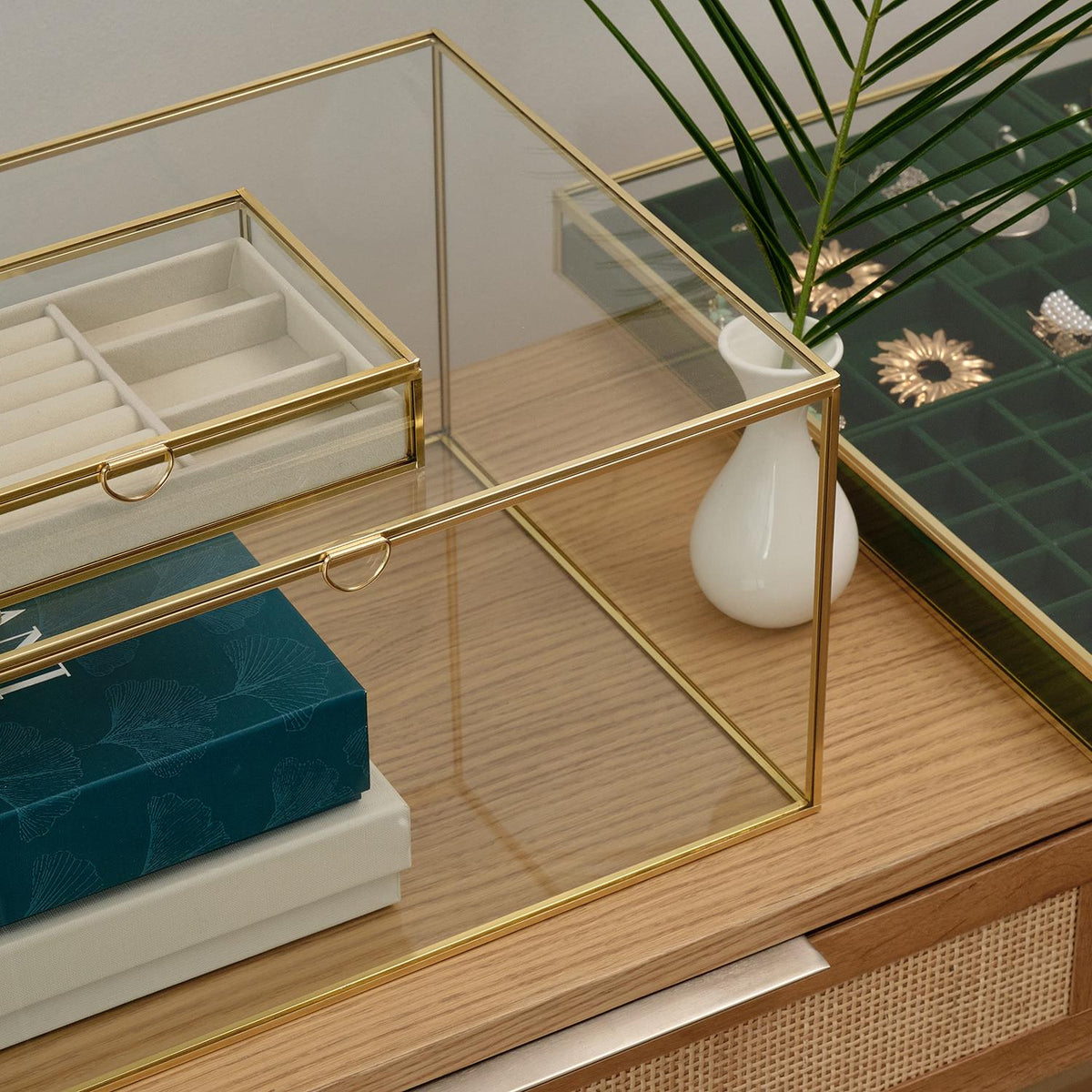 Jewelry Display Case | Glass Showcase Cabinet | Large Counter Stand | Brass Gold | Wedding Accessory Storage Box