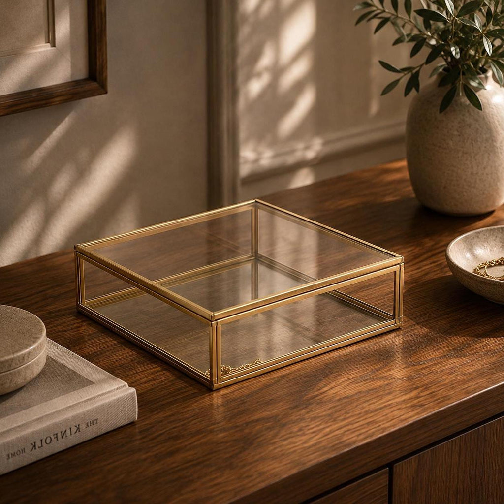 8x8x3" Display Case Glass Photo Box Brass Gold Card Customizable Personalizable Jewelry Wedding Bouquet Keepsake Organizer Christmas Gift