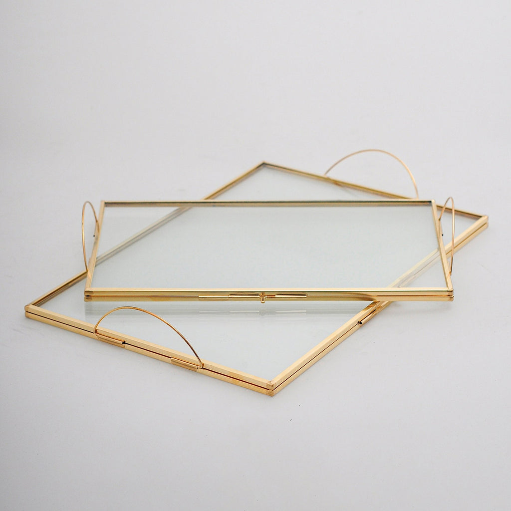10x6" + 12x8" Wedding Tray Makeup Organizer Glass Brass Gold