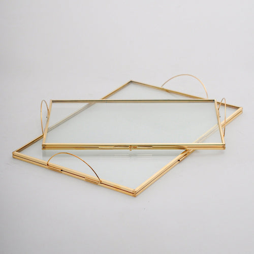 10x6" + 12x8" Wedding Tray Makeup Organizer Glass Brass Gold