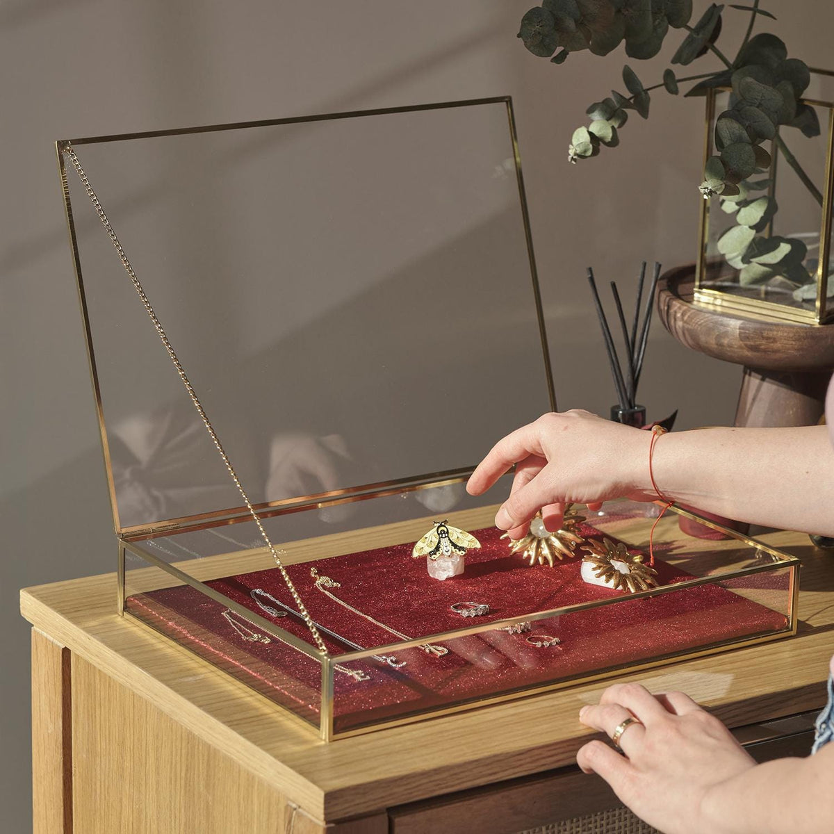 Jewelry Display Showcase | Glass Box | Brass & Gold
