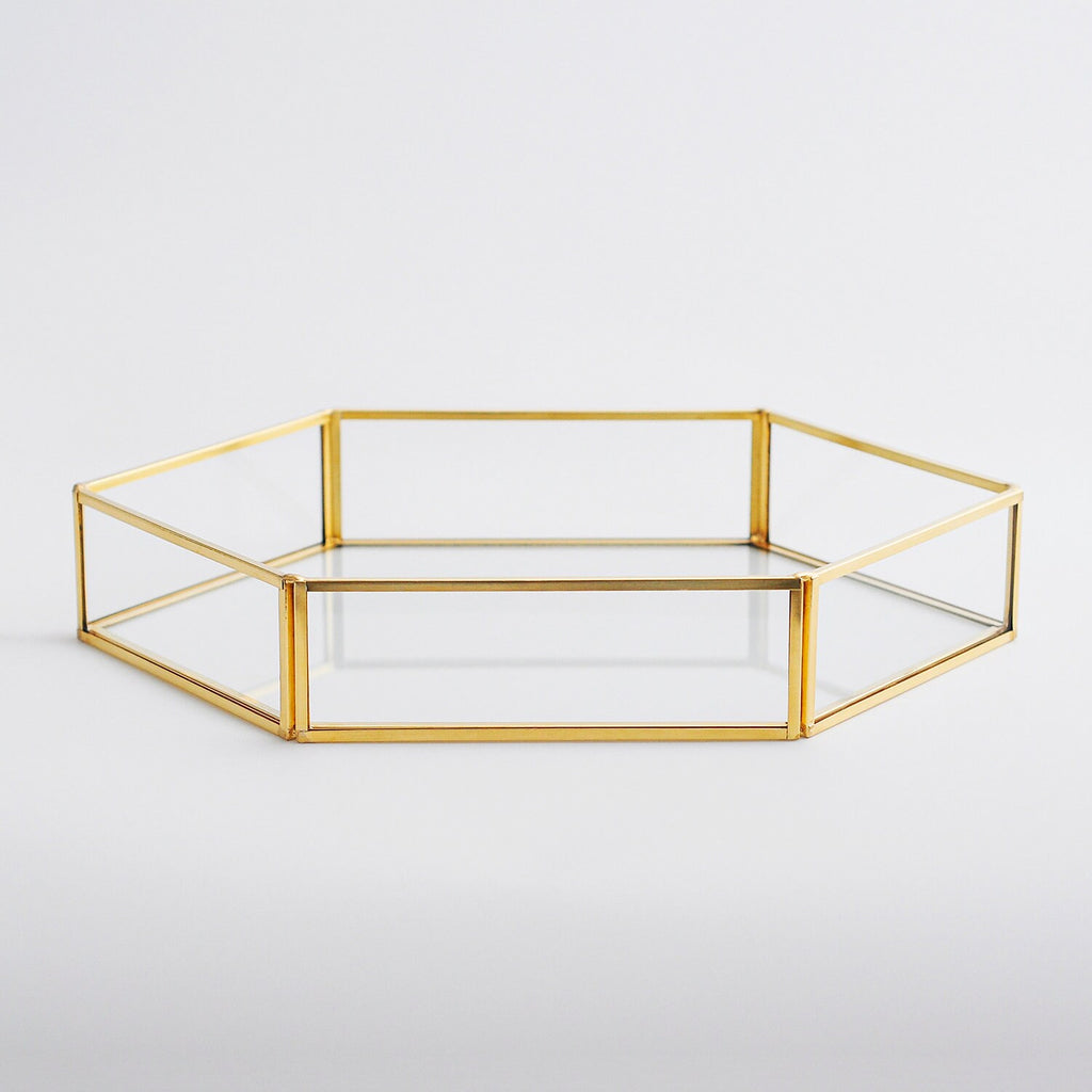 12x8x2” Wedding Tray Makeup Organizer Glass Brass Gold