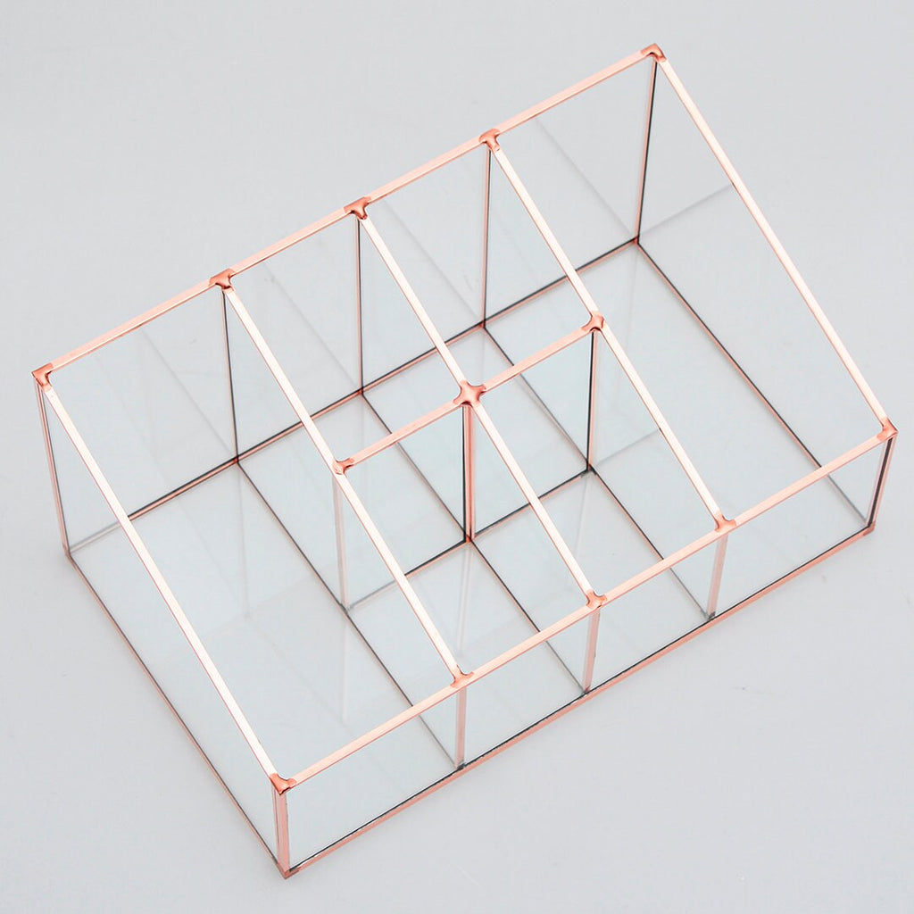 Pen Holder Makeup Jewelry Organizer Box Accessories Copper Rose Glass Wedding Keepsake Geometric Reception 10x6x5" Christmas Gift