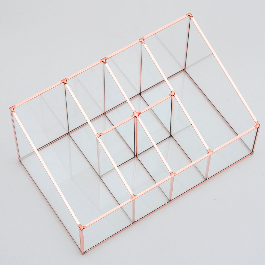 Pen Holder Makeup Jewelry Organizer Box Accessories Copper Rose Glass Wedding Keepsake Geometric Reception 10x6x5" Christmas Gift