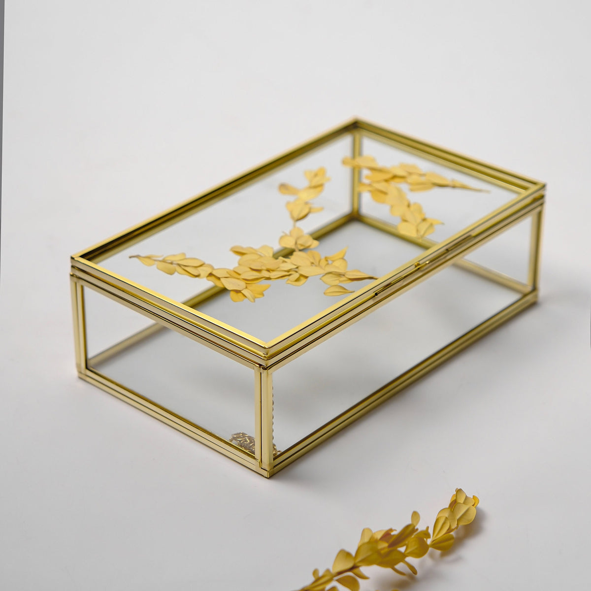 Gold Glass Keepsake Box with Photo Frame Lid, Handmade Brass Jewelry Storage, Pressed Flower Display, Wedding Memory Box
