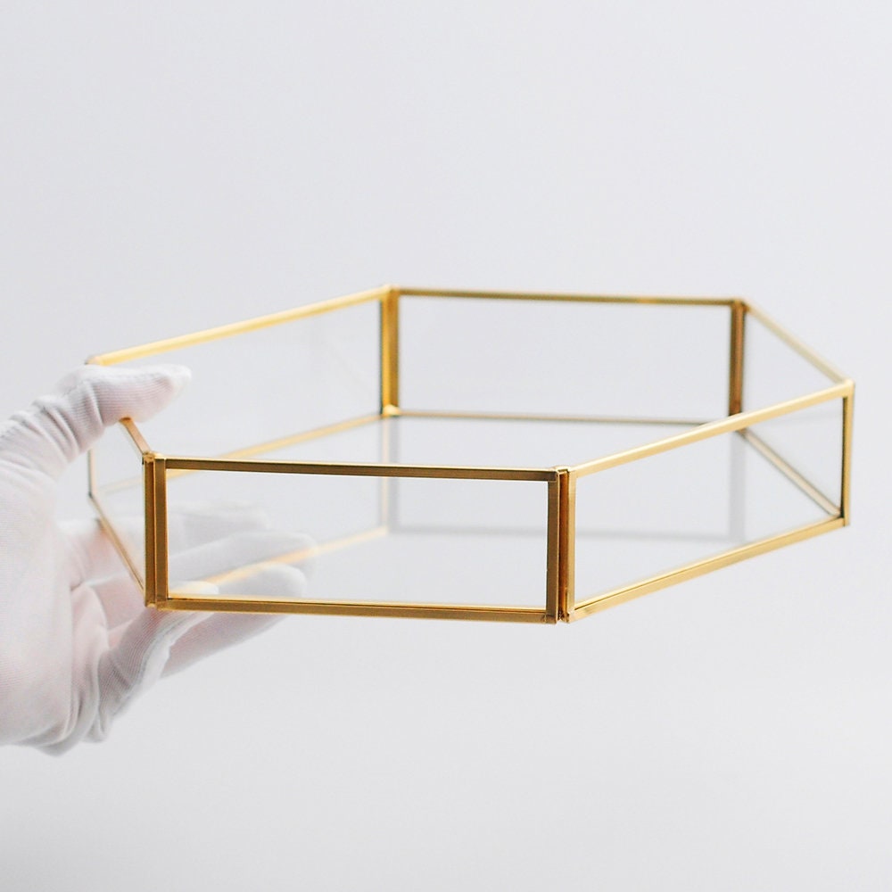 12x8x2” Wedding Tray Makeup Organizer Glass Brass Gold