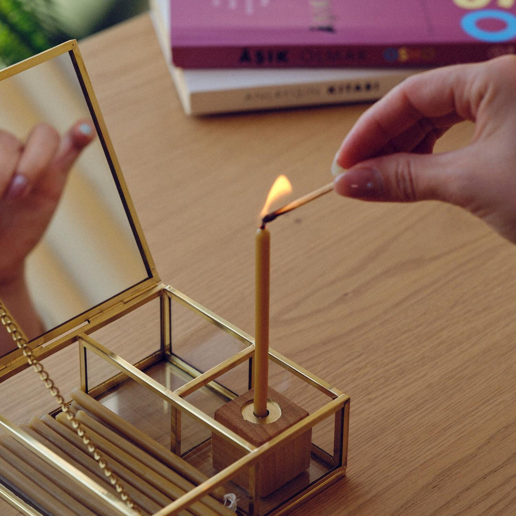Meditation Box with Mirror | Brass Glass Ritual Box | Candle & Match Holder | Mindfulness Altar Kit | Spiritual Gift