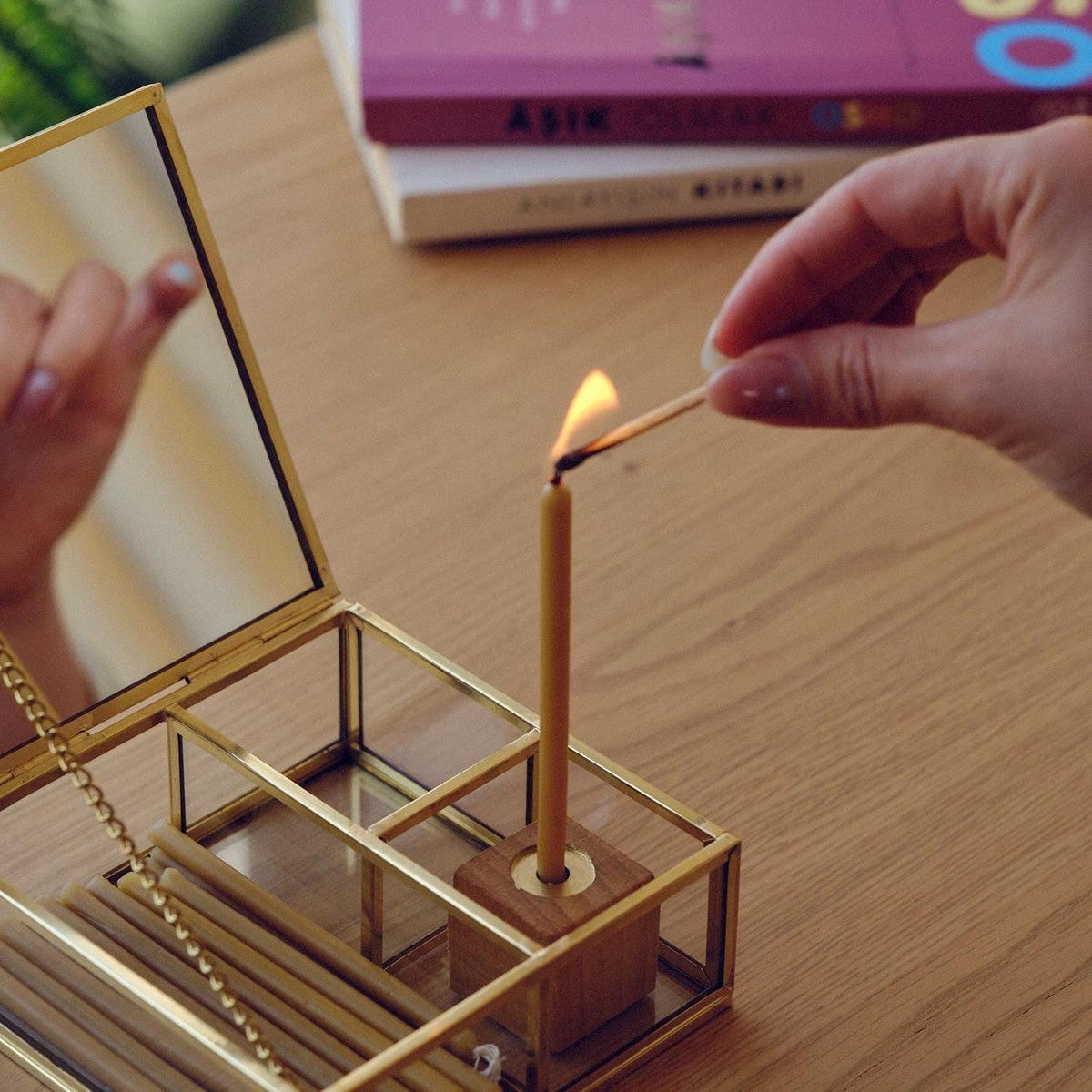 Meditation Box with Mirror | Brass Glass Ritual Box | Candle & Match Holder | Mindfulness Altar Kit | Spiritual Gift