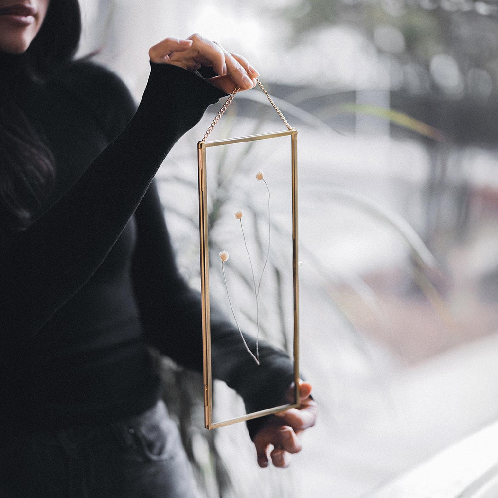 12x4 inch | Picture | Photo Frames | Pressed Flowers | With Chain | Glass | Brass & Gold