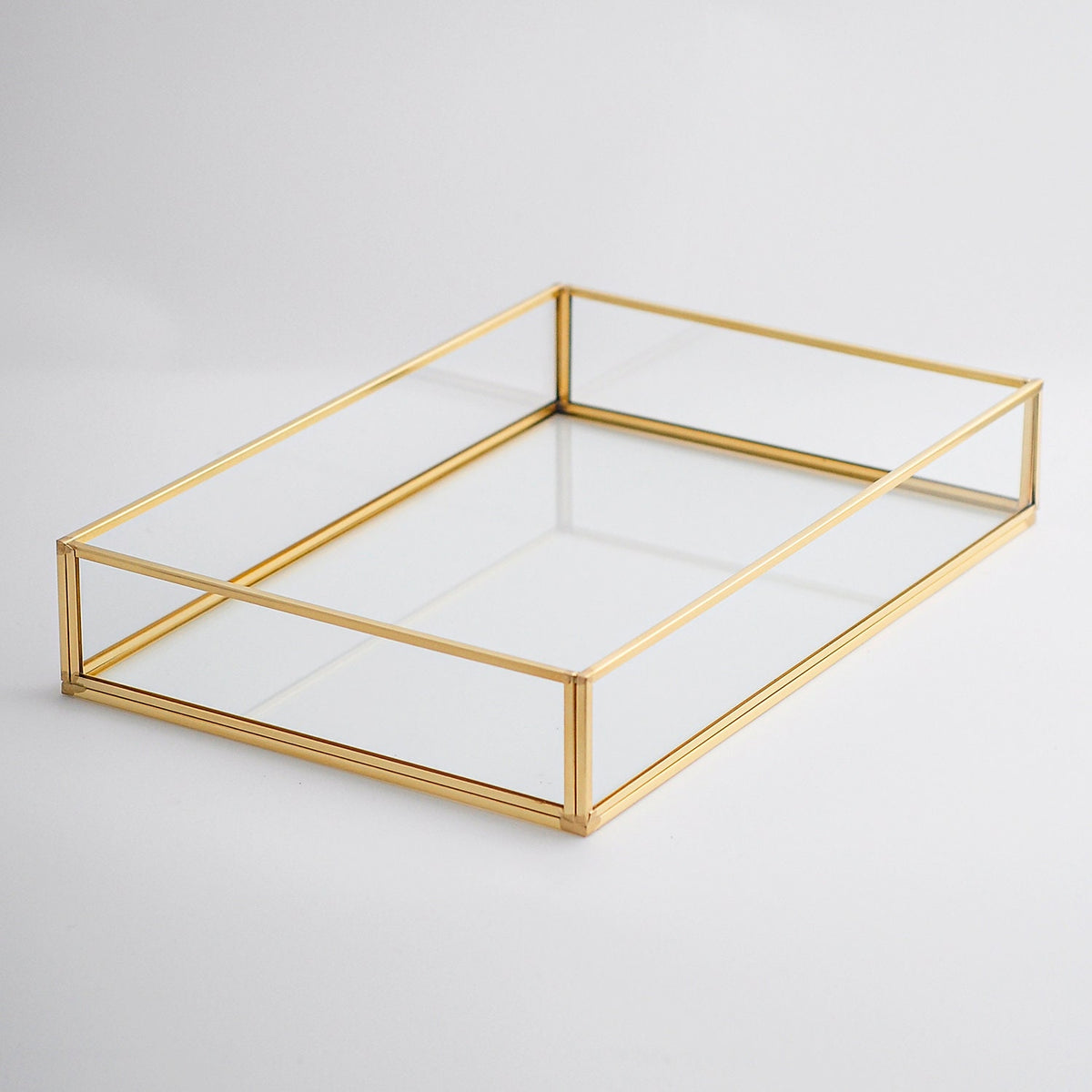 12x8x2" Wedding Tray Makeup Organizer Glass Brass Gold