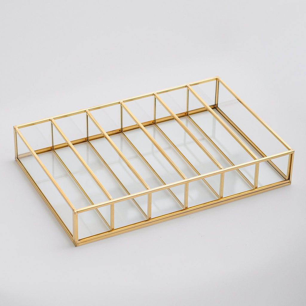 Jewelry Watch Organizer Box Accessories Makeup Gold Brass Glass Wedding Keepsake Geometric Card Reception 12x8x2"