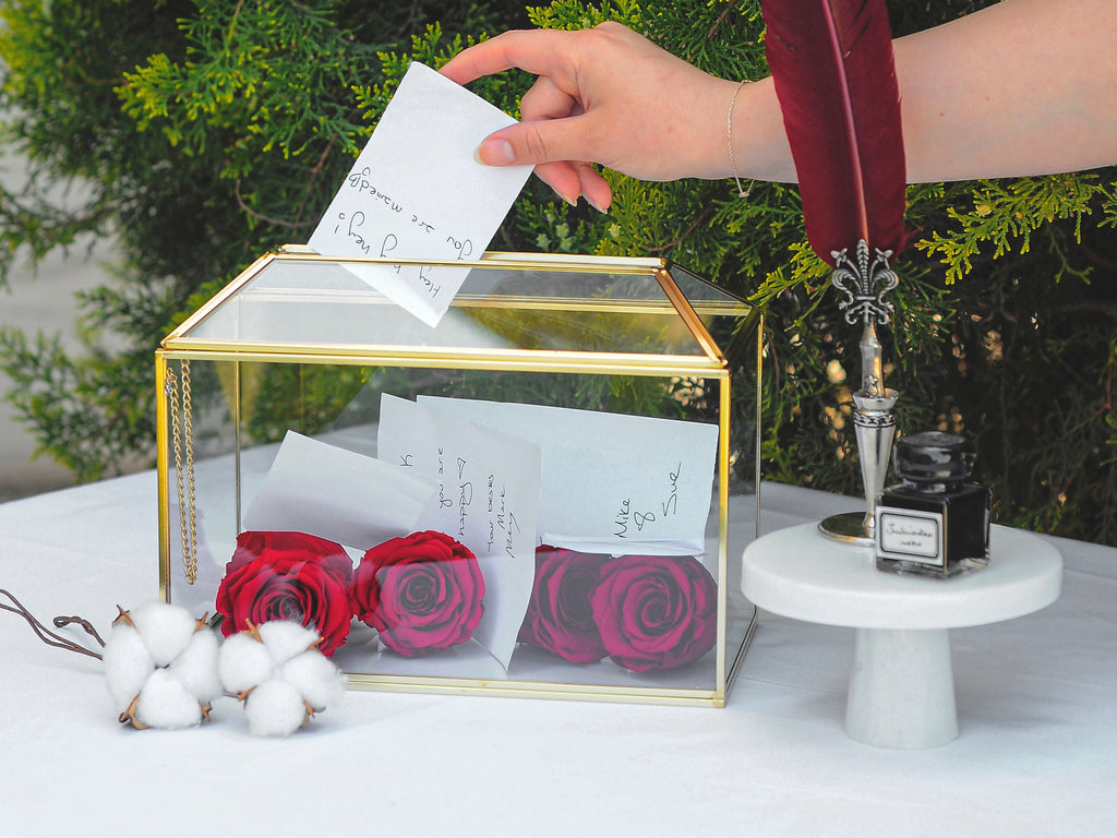 10x8x6 inch | Card Box Wedding Geometric Brass Gold Glass Terrarium Reception Wish Well Keepsake Envelope Holder Display Gift