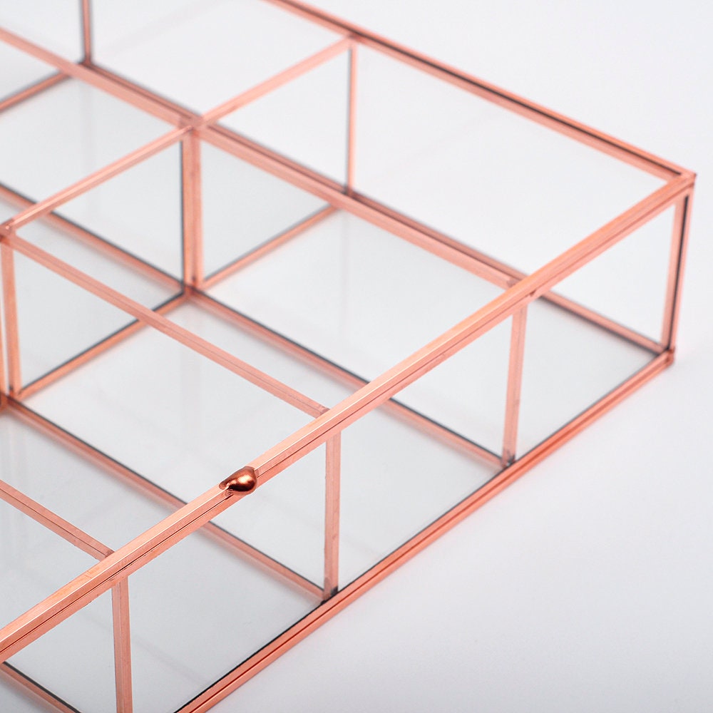 Jewelry Watch Organizer Box Accessories Makeup Copper Rose Glass Wedding Keepsake Geometric Card Reception 12x8x2.5"