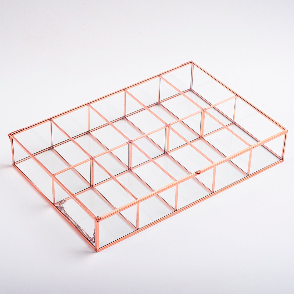 Jewelry Watch Organizer Box Accessories Makeup Copper Rose Glass Wedding Keepsake Geometric Card Reception 12x8x2.5"