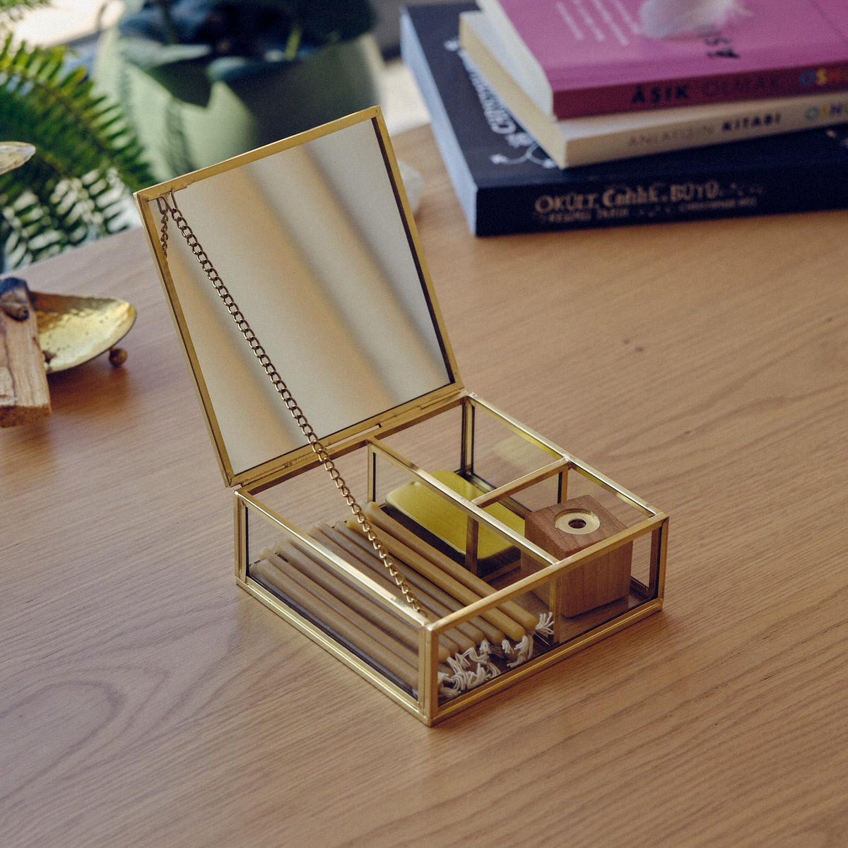 Meditation Box with Mirror | Brass Glass Ritual Box | Candle & Match Holder | Mindfulness Altar Kit | Spiritual Gift
