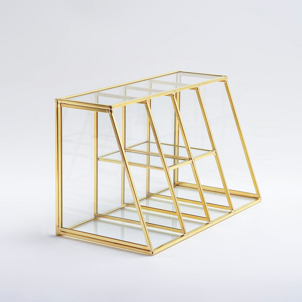 Pen Holder Makeup Jewelry Organizer Box Accessories Gold Brass Glass Wedding Keepsake Geometric Reception 10x6x5" Christmas Gift