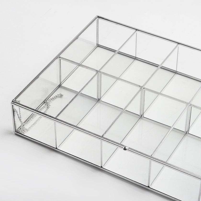 Jewelry Watch Organizer Box Accessories Makeup Silver Glass Wedding Keepsake Geometric Card Reception 12x8x2.5"