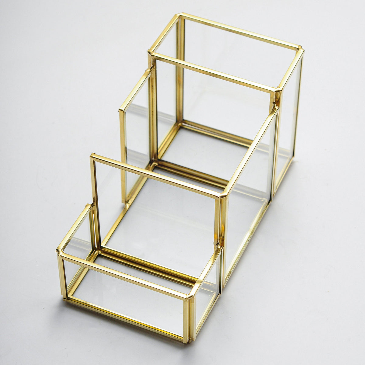 Pen Holder Office Decoration Makeup Organizer Brass Gold Glass Accessories Geometric 8x4x5" Christmas Gift