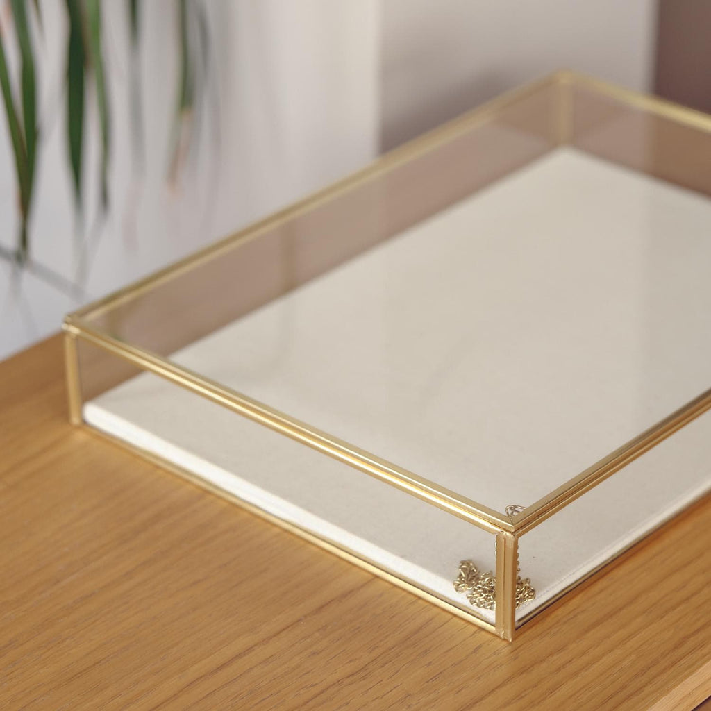 Elegant JEWELRY DISPLAY SHOWCASE Box – Unique Handmade Gold Brass Display Case - Minimalist Linen Based Jewelry Organizer Or Box For Gift