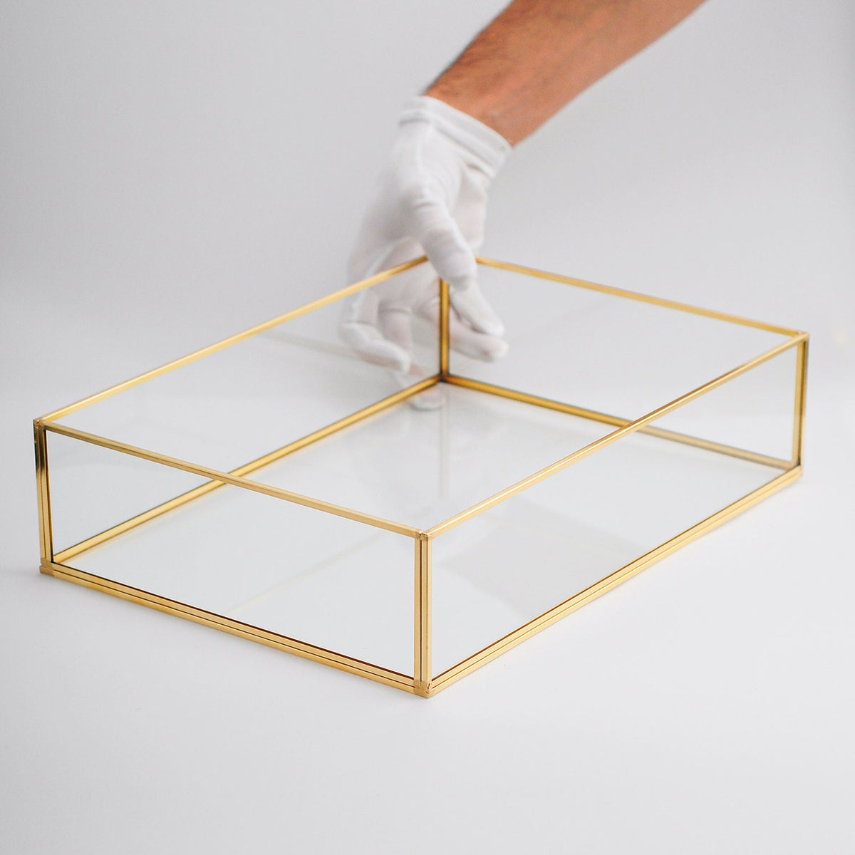 14x10x3" Wedding Tray Makeup Organizer Glass Brass Gold