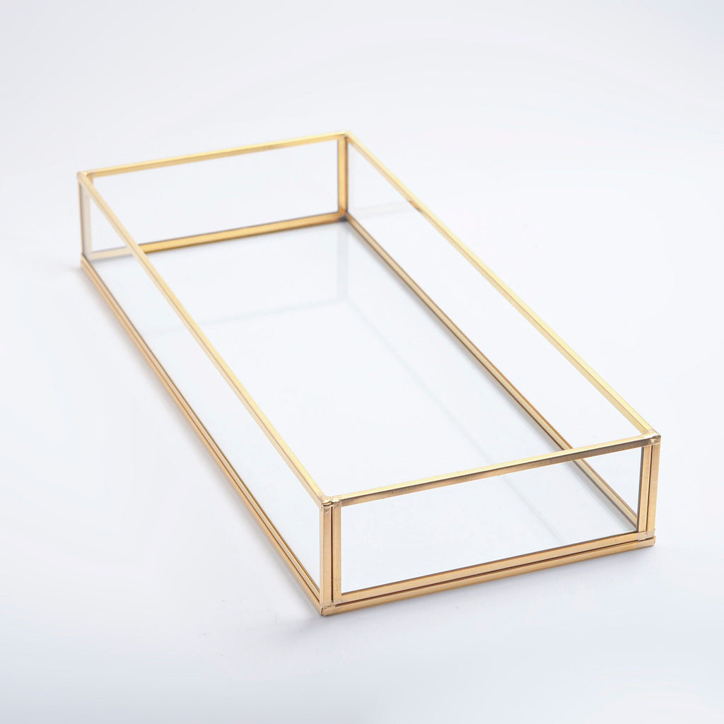 14x6x2” Wedding Tray Makeup Organizer Glass Brass Gold