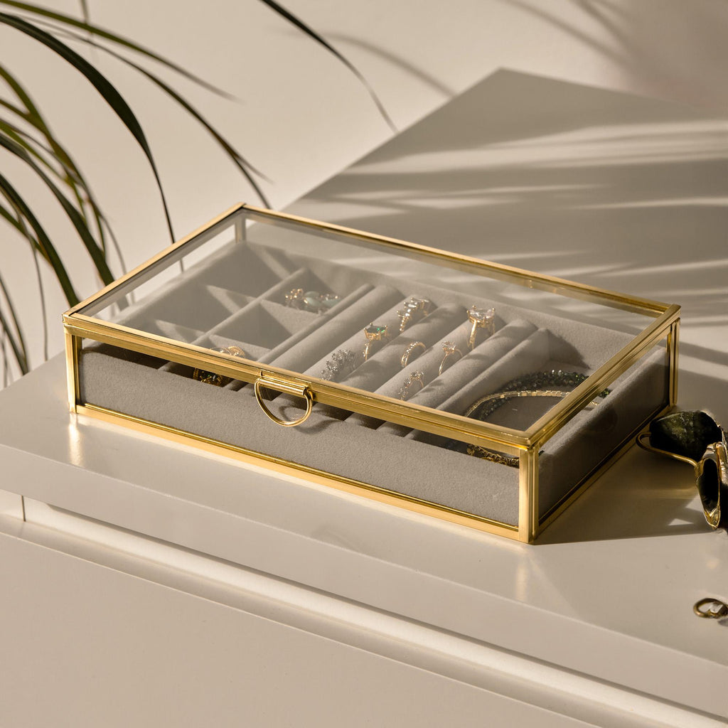 Jewelry Box | Velvet Lined Organizer | Handmade | Brass & Gold Glass | Minimalist | Elegant Storage | Personalized Gift | Valentine’s Day