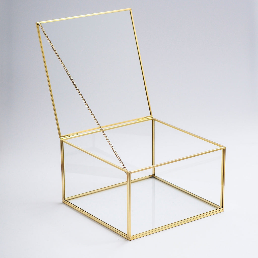 10x10x6" Display Case Glass Box Brass Gold Card Customizable Personalizable Jewelry Wedding Bouquet Keepsake Organizer