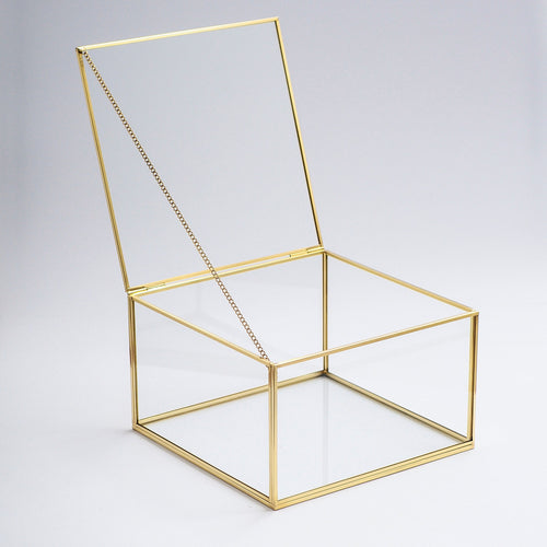 10x10x6" Display Case Glass Box Brass Gold Card Customizable Personalizable Jewelry Wedding Bouquet Keepsake Organizer