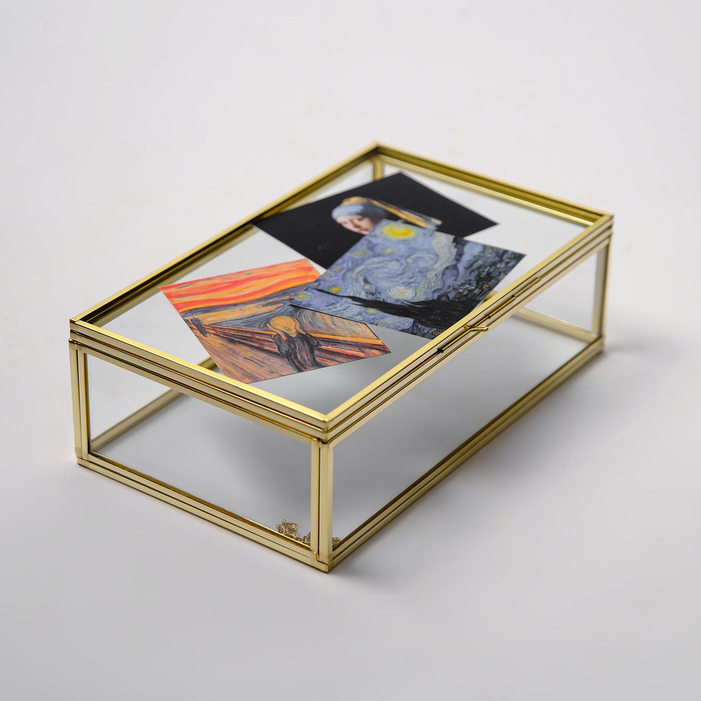 Gold Glass Keepsake Box with Photo Frame Lid, Handmade Brass Jewelry Storage, Pressed Flower Display, Wedding Memory Box