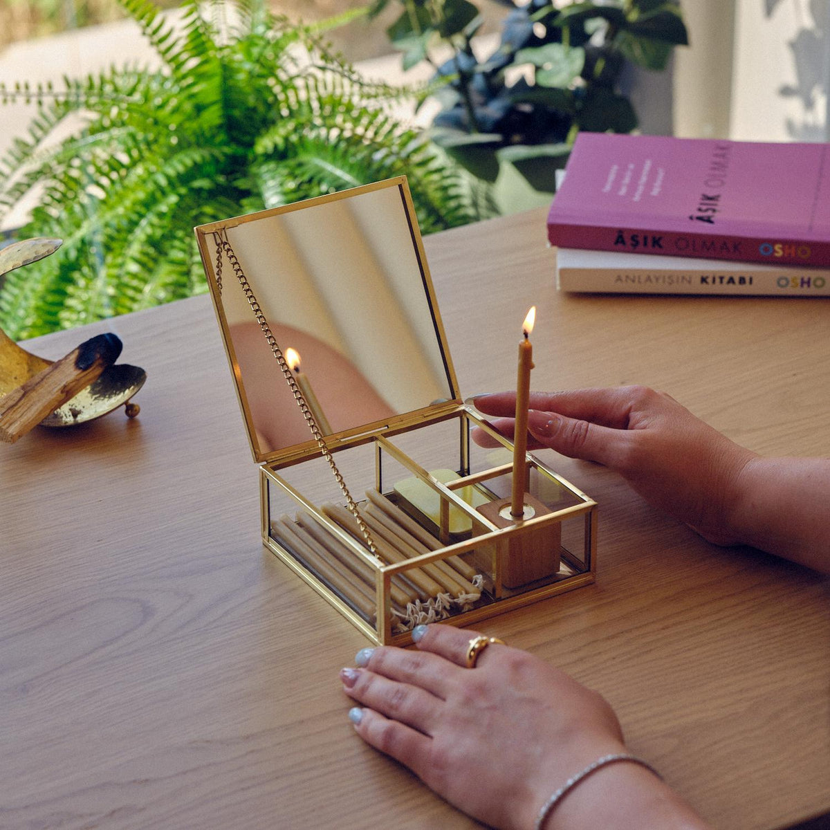 Meditation Box with Mirror | Brass Glass Ritual Box | Candle & Match Holder | Mindfulness Altar Kit | Spiritual Gift
