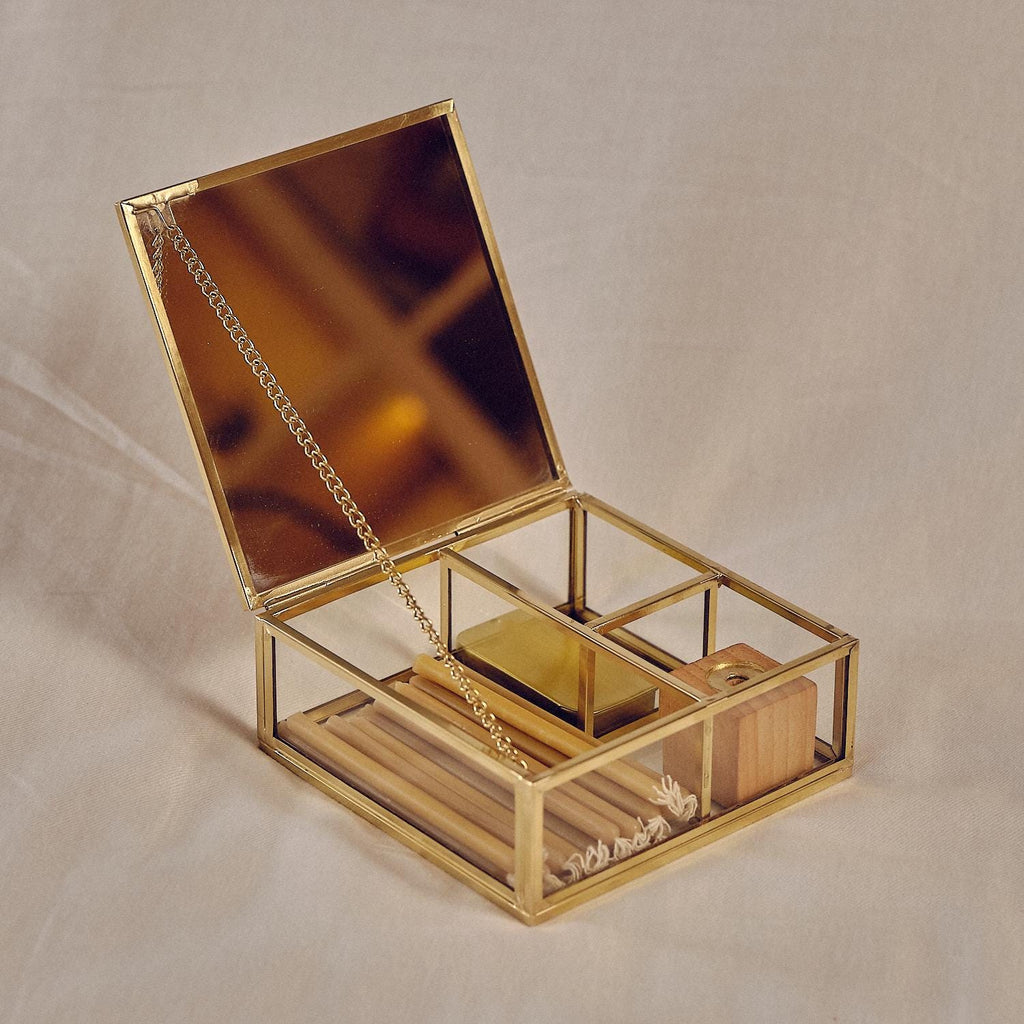 Meditation Box with Mirror | Brass Glass Ritual Box | Candle & Match Holder | Mindfulness Altar Kit | Spiritual Gift
