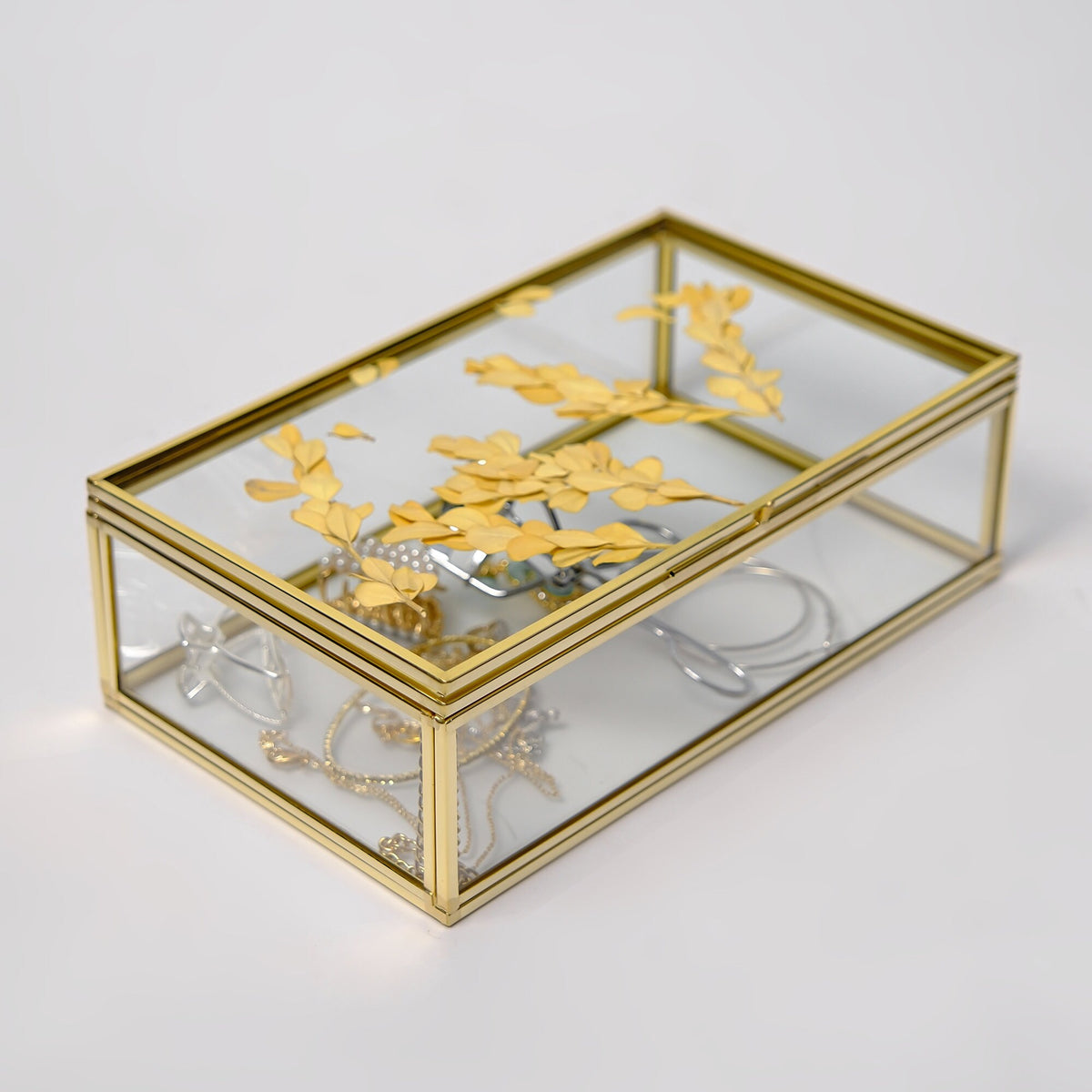 Gold Glass Keepsake Box with Photo Frame Lid, Handmade Brass Jewelry Storage, Pressed Flower Display, Wedding Memory Box