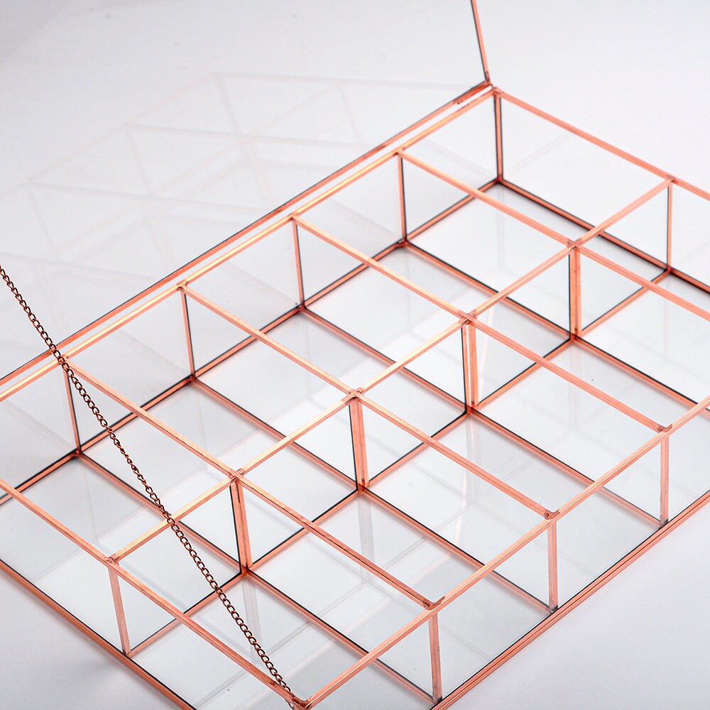 Jewelry Watch Organizer Box Accessories Makeup Copper Rose Glass Wedding Keepsake Geometric Card Reception 12x8x2.5"
