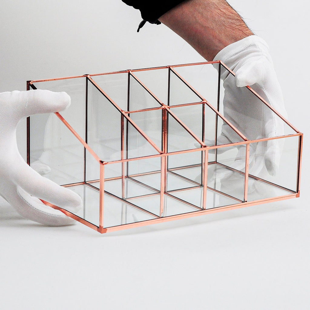 Pen Holder Makeup Jewelry Organizer Box Accessories Copper Rose Glass Wedding Keepsake Geometric Reception 10x6x5" Christmas Gift