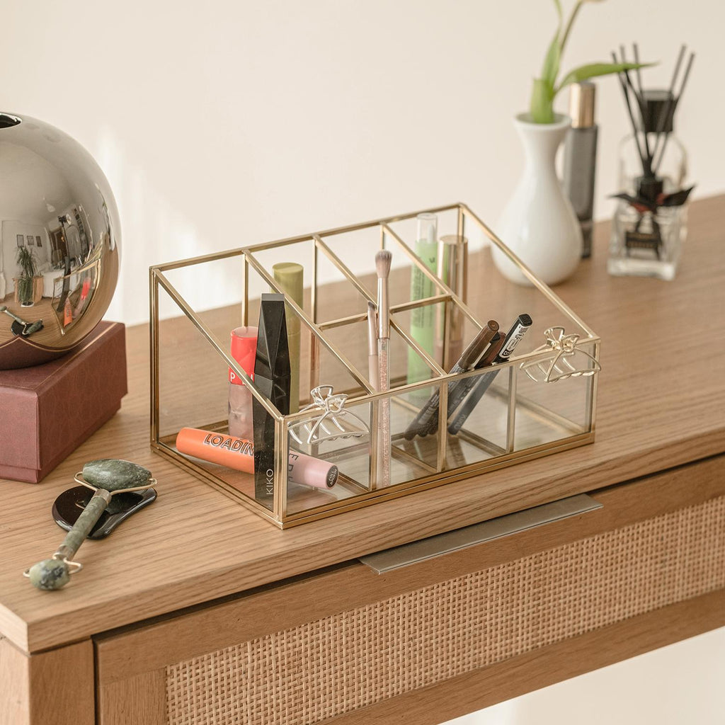 Pen Holder Makeup Jewelry Organizer Box Accessories Gold Brass Glass Wedding Keepsake Geometric Reception 10x6x5" Christmas Gift