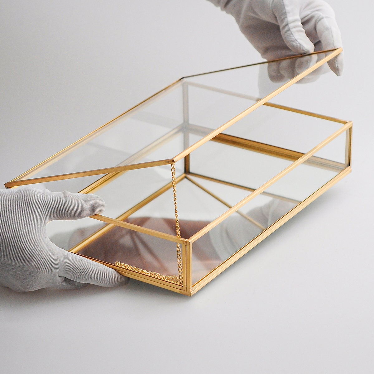 Glass Box Gold Display Case Photo Card Customizable Personalizable Jewelry Wedding Bouquet Keepsake Organizer Makeup Brass Christmas Gift