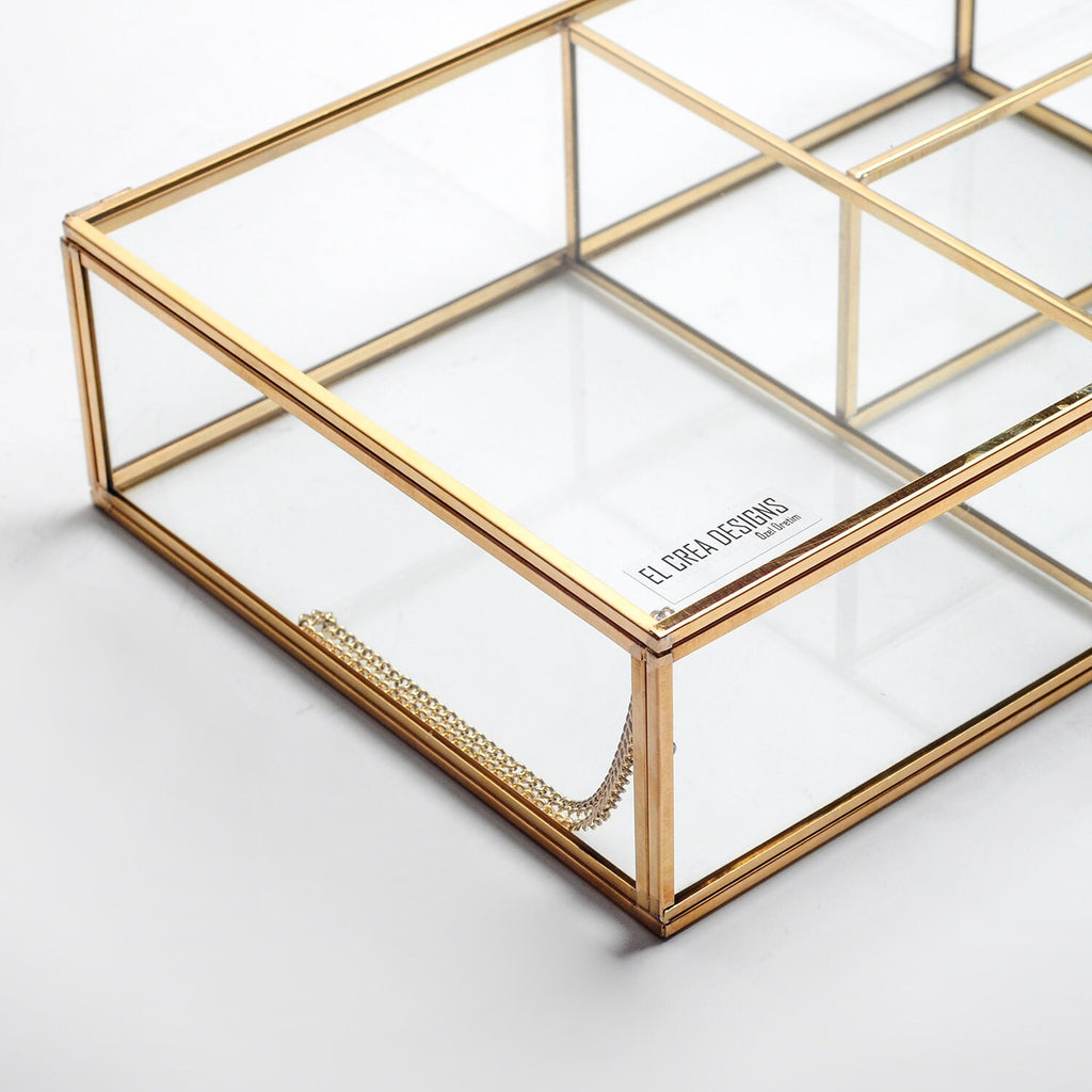 Jewelry Watch Organizer Box Accessories Makeup Gold Brass Glass Wedding Keepsake Geometric Card Reception 12x8x3" Christmas Gift