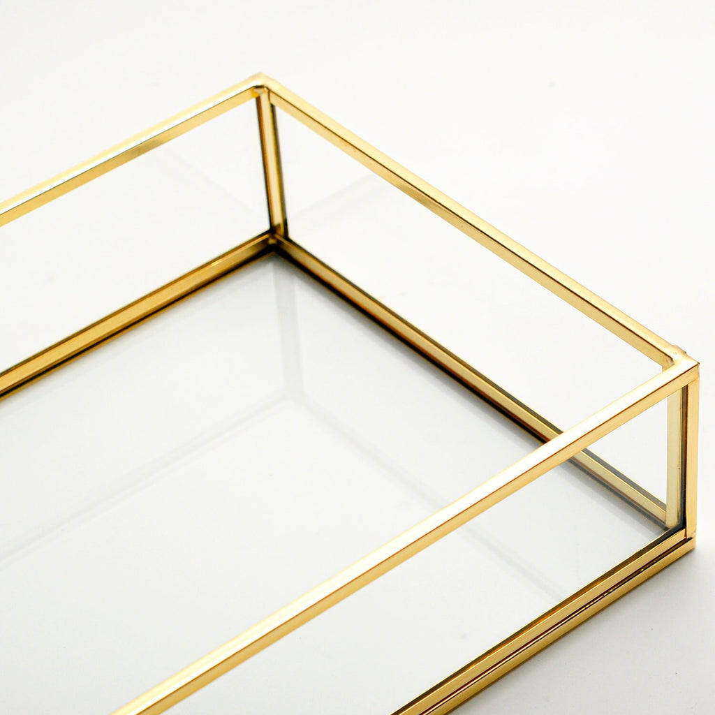10x6x2” Wedding Tray Makeup Organizer Glass Brass Gold