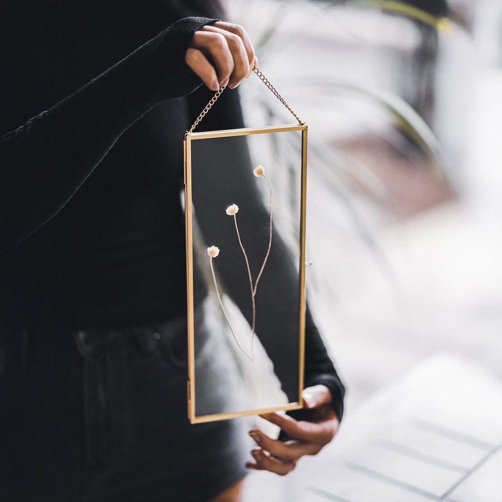 12x4 inch | Picture | Photo Frames | Pressed Flowers | With Chain | Glass | Brass & Gold