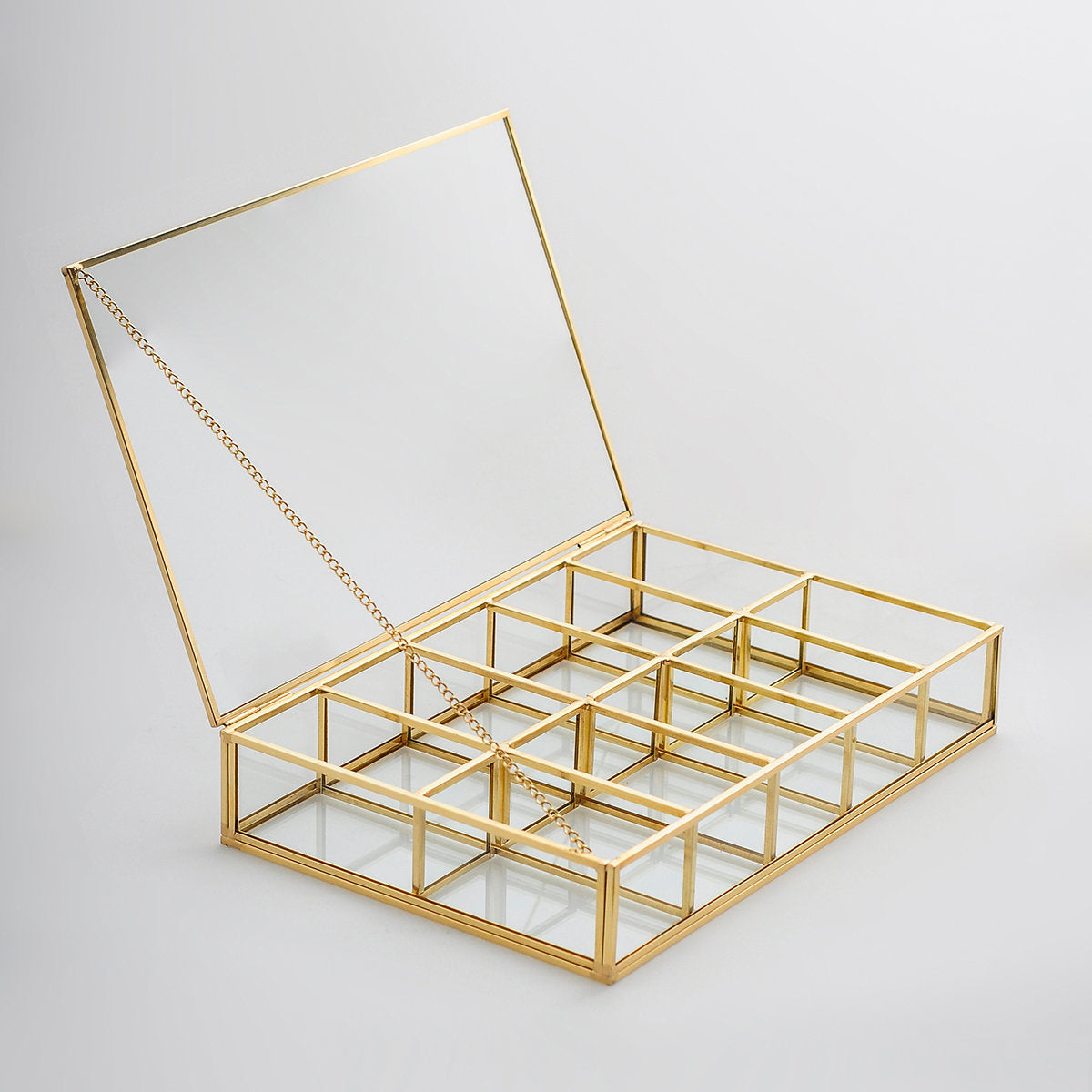 Jewelry Watch Organizer Box Accessories Makeup Gold Brass Glass Wedding Keepsake Geometric Card Reception 12x8x2"