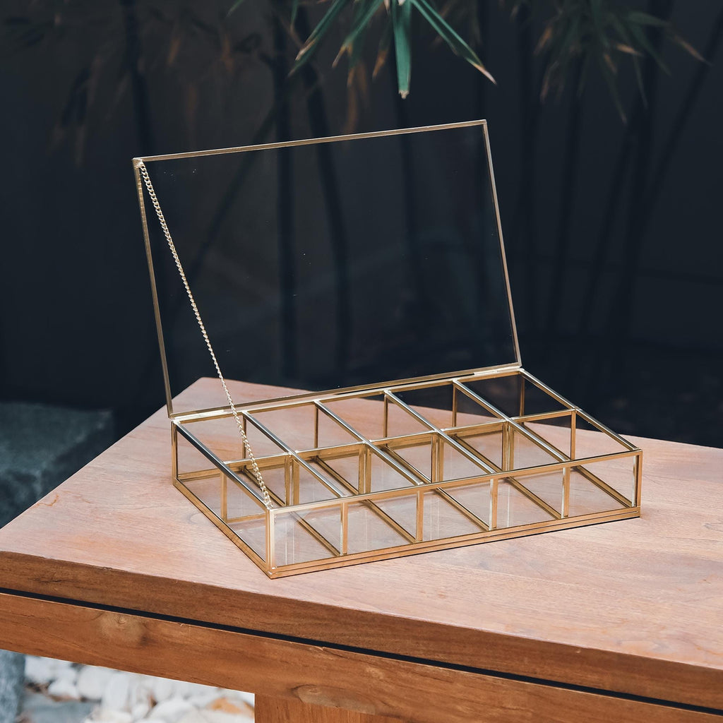 Jewelry Watch Organizer Box Accessories Makeup Gold Brass Glass Wedding Keepsake Geometric Card Reception 12x8x2"