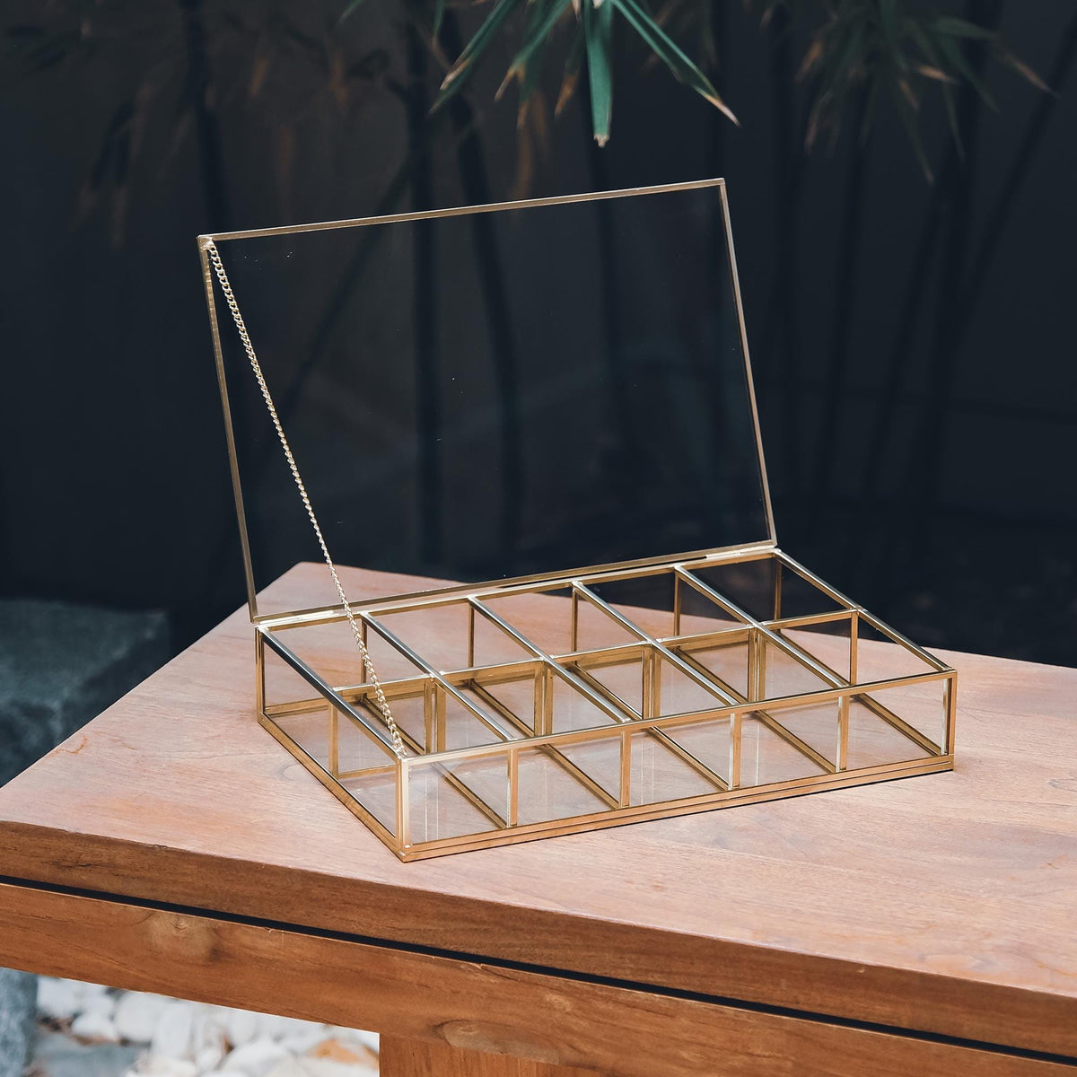 Jewelry Watch Organizer Box Accessories Makeup Gold Brass Glass Wedding Keepsake Geometric Card Reception 12x8x2"